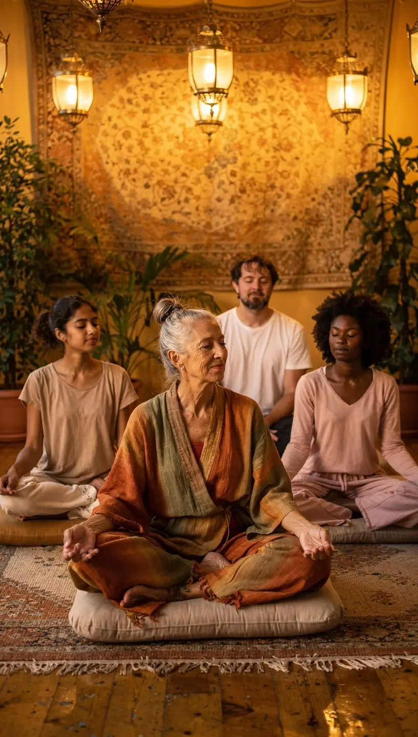 Un gruppo di persone sedute in cerchio durante una sessione di meditazione guidata, con candele accese.