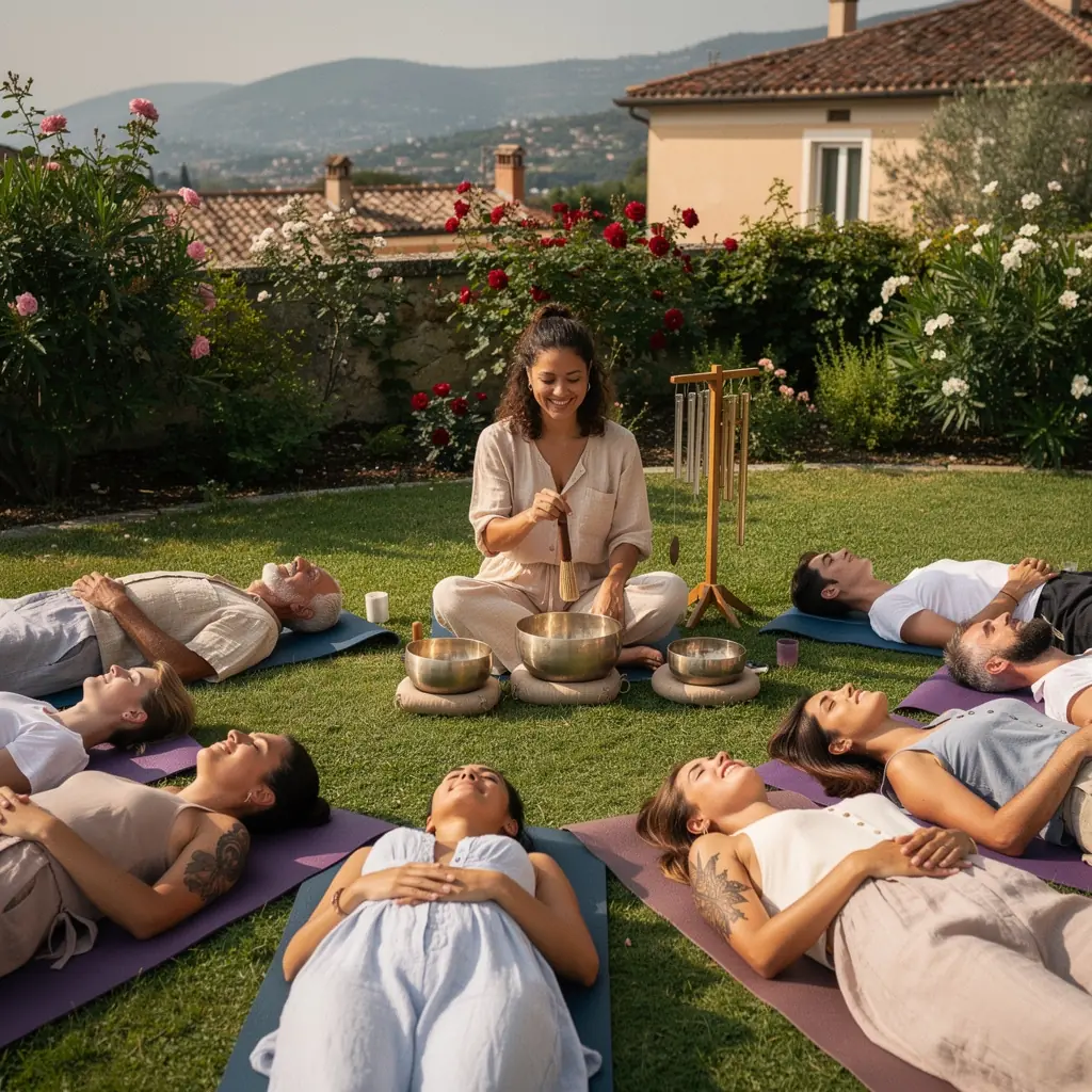 Un tappeto da yoga disposto su una spiaggia, con onde che si infrangono dolcemente in sottofondo.
