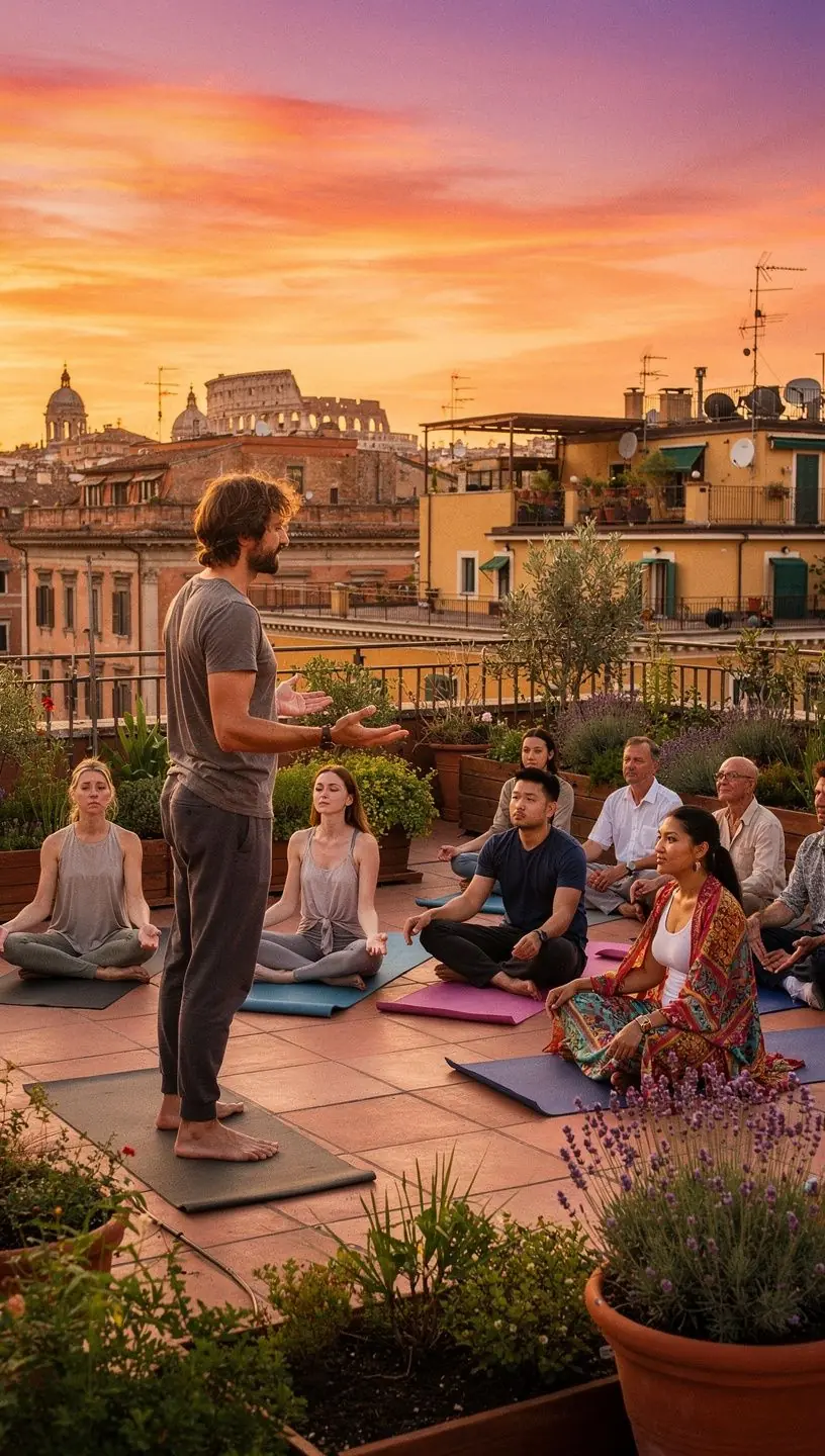 Una figura in meditazione circondata da piante verdi e fiori.