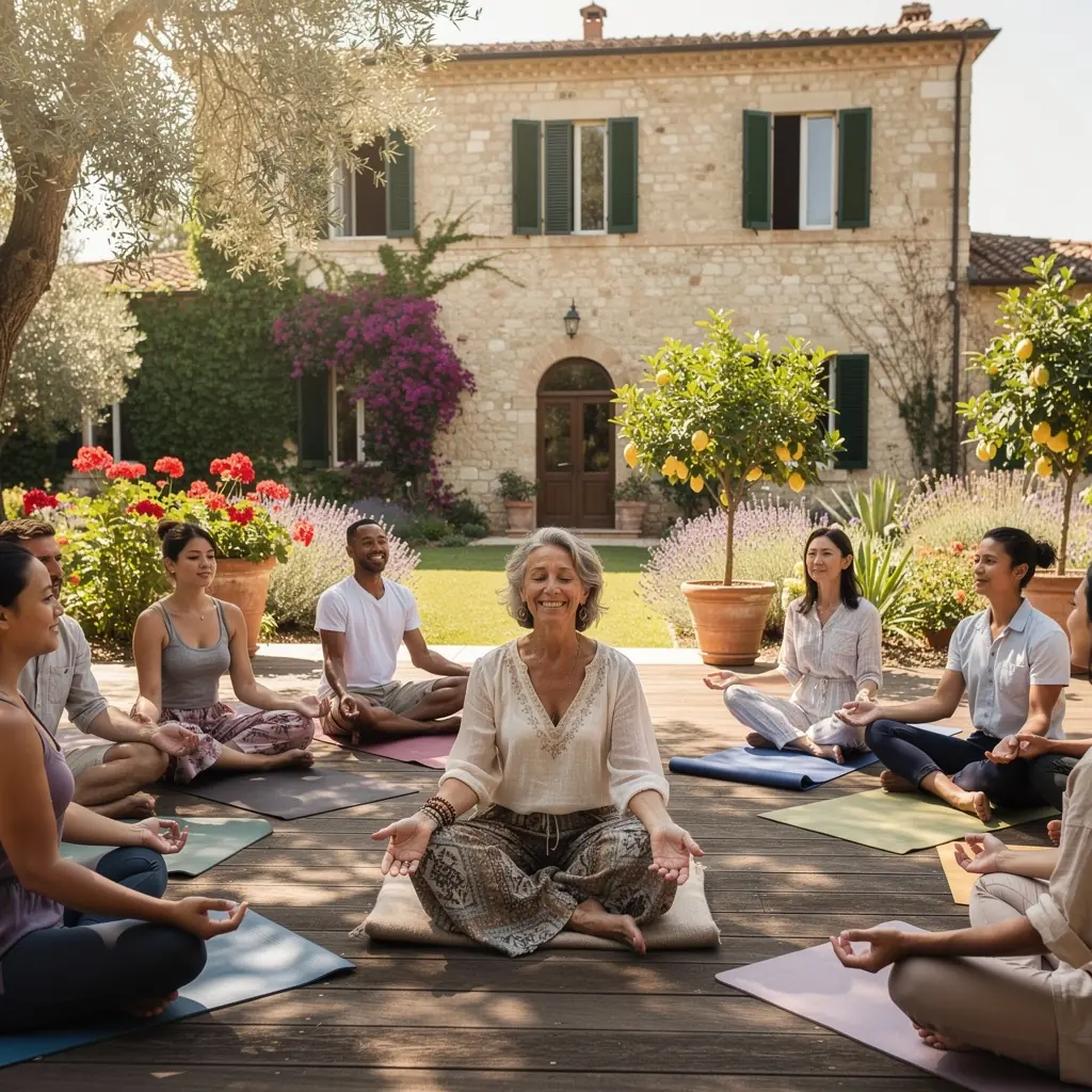 Un instructor che guida una sessione di mindfulness in un ambiente naturale.